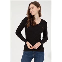 Kadın Siyah V - Yaka Basic Kazak