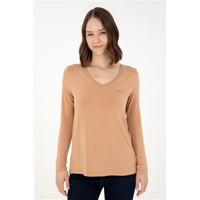 Kadın Camel V Yaka Sweatshirt