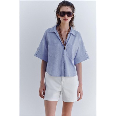 CROPPED LINEN BLEND SHIRT
