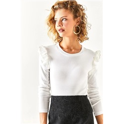Olalook Kadın Beyaz Omuzu Fisto Detaylı Likralı Pamuk Bluz BLZ-19002380