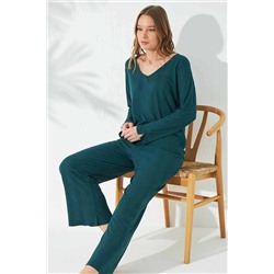 Siyah İnci Yeşil Soft Touch Ince Örme Pijama Takım 7662