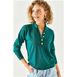 Olalook Kadın Zümrüt Yeşili Gold Düğmeli Polo Yaka Triko Bluz BLZ-19002364