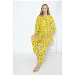 Burki Sarı Kadın Desenli Uzun Kollu Gömlek Takımı BK2308-002