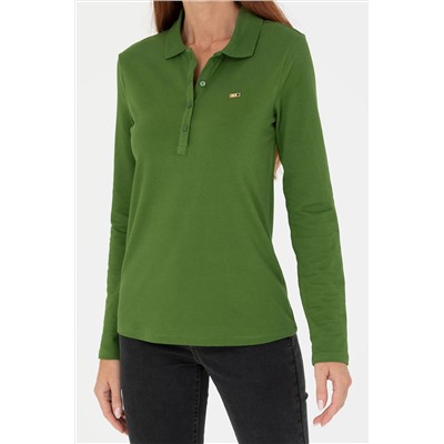 Kadın Yeşil Basic Polo Yaka Sweatshirt
