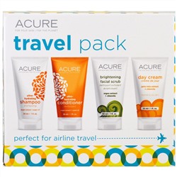 Acure Organics, Пакет для путешествий, шампунь, кондиционер, осветляющий скраб для лица, дневной крем, 4 предмета, по 30 мл (1 унция) каждый