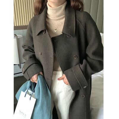 Корейское шикарное французское ретро классическое двубортное шерстяное пальто с лацканами, свободное шерстяное пальто средней длины для женщин