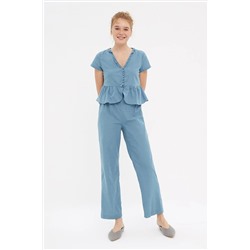 TRENDYOLMİLLA Mavi Fırfırlı T-shirt-Pantolon Dokuma Pijama Takımı THMSS20PT0095