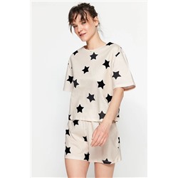 TRENDYOLMİLLA Açık Pembe Yıldız Baskılı Pamuklu Tshirt-Şort Örme Pijama Takımı THMSS22PT0501