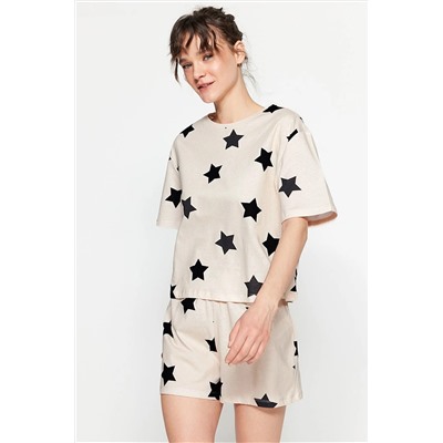 TRENDYOLMİLLA Açık Pembe Yıldız Baskılı Pamuklu Tshirt-Şort Örme Pijama Takımı THMSS22PT0501