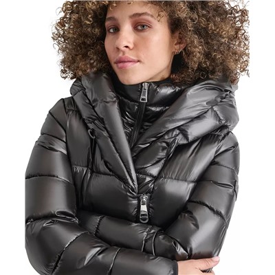 DKNY Women s Bibbed Shawl Collar Packable Shine Puffer Coat