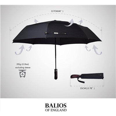 Balios Travel Folding Umbrella with Real Wood Handle Auto Open Close Vented Windproof Canopy - Designed in UK