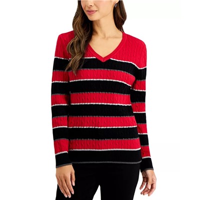 KAREN SCOTT Gianna Cotton Striped Cable V-Neck Sweater, Created for Macy's