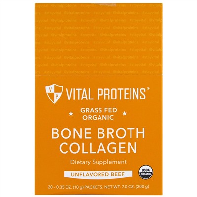 Vital Proteins, Grass Fed Organic, коллаген из костного бульона, 20 пакетиков, 0,35 унций (10 5) каждый