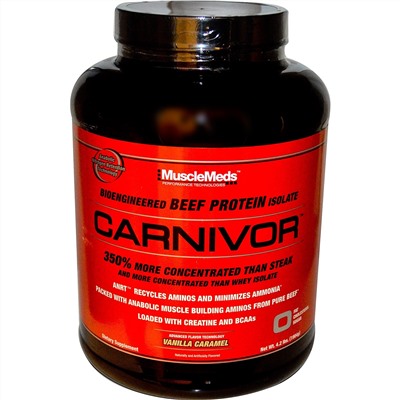 MuscleMeds, Carnivor, изолят белка говядины биоинженерной обработки, с ванильной карамелью, 4.2 фунта (1904 г)