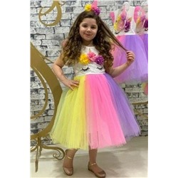 Pumpido Kız Çocuk Unıcorn Tütülü Rengarenk Parti-doğum Günü Prenses Elbisesi GCKELBS03