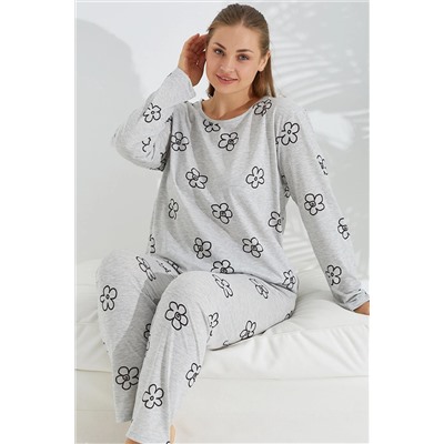 Siyah İnci gri çiçek desen Curve Büyük Beden Battal boy Pamuklu Pijama Takımı 7683