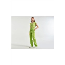 United Colors of Benetton Kadın Açık Yeşil %100 Keten Beli Lastikli Rahat Kalıp Pantolon Lime Rengi 123P4AGHDF03C