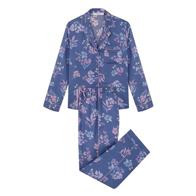 Pijama camisero soft touch azul flores