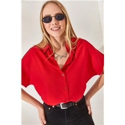 Olalook Kadın Kırmızı Yarasa Oversize Keten Gömlek GML-19001109