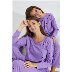 Siyah İnci lila puan desenli Pamuklu Pijama Takımı 7693