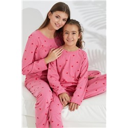 Siyah İnci pembe kalp desenli Pamuklu Pijama Takımı 7693