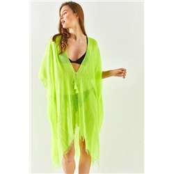 Olalook Kadın Neon Yeşil Yırtmaçlı Bağlamalı Pareo Kimono KMN-00000063