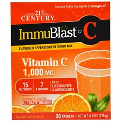 21st Century, ImmuBlast-C, шипучая смесь, превосходный апельсиновый вкус, 1000мг, 30 пакетиков, 0,317 унций (9 г) в каждом