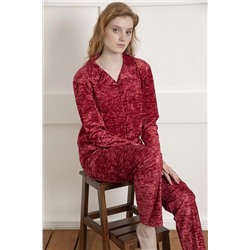 Siyah İnci Kırmızı Düğmeli Kadife Pijama Takım 22274074