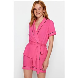 TRENDYOLMİLLA Pembe Bağlama ve Biye Detaylı Gömlek-Şort Dokuma Pijama Takımı THMSS23PT00203