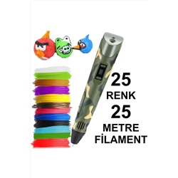 3D Kamuflaj Kalem Yazıcı+25 Renk 25 Metre(25x1metre)pla Filament KA25R25M