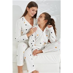 Siyah İnci beyaz renkli kalp desenli Pamuklu Düğmeli Pijama Takımı 7685