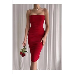 munora butik Kadın Kırmızı Ince Askılı Drapeli Midi Abiye Elbise Ggcoco mk643