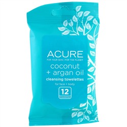 Acure Organics, Влажные салфетки, кокос и аргановое масло, 12 салфеток