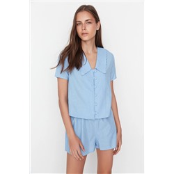 TRENDYOLMİLLA Mavi Yaka Detaylı Pamuklu Gömlek-Şort Dokuma Pijama Takımı THMSS22PT0179