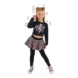 Mushi Rock Life Kız Çocuk Siyah Crop-Top T-shirt Zebra Desenli Tayt Takım MS-23S1-020