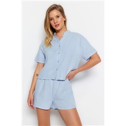 TRENDYOLMİLLA Açık Mavi Müslin Gömlek-Şort Dokuma Pijama Takımı THMSS23PT00230
