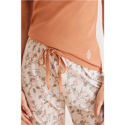 Pijama 100% algodón pantalón flores naranja