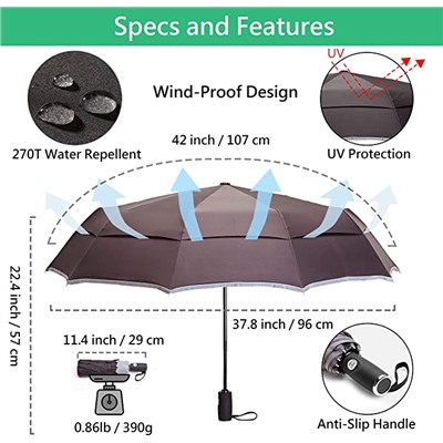 HOSA Auto Open Close Compact Portable Lightweight Automatic Repel Folding Travel Umbrella, Double Vented Windproof UV Protection, For Raining, Sunny Days and Night Time Use