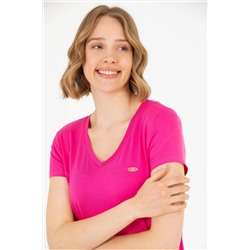 Kadın Fuşya V - Yaka Basic Tişört