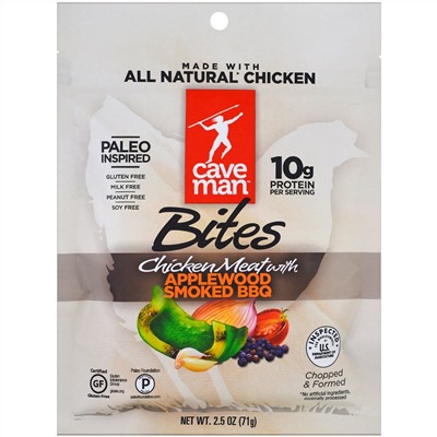 Caveman Foods, Bites, Chicken Meat with Applewood Smoked BBQ, 2.5 oz (71 g)