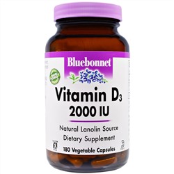Bluebonnet Nutrition, Витамин D3, 2000 МЕ, 180 капсул в растительной оболочке