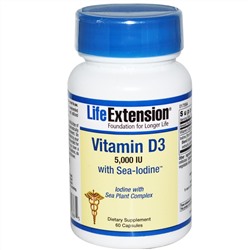 Life Extension, Витамин D3, 5000 МЕ, 60 капсул