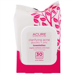 Acure Organics, Очищающие Салфетки с Гликолевой Кислотой и Оксидом Цинка для Лечения Акне, 30 Салфеток