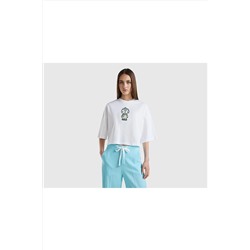 United Colors of Benetton Kadın Mix Hayvan Baskılı Crop T-Shirt Beyaz Mix 123P3YR3D105O