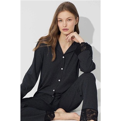 Siyah İnci Siyah Beyaz Puan Desenli Pamuklu Pijama Takımı 7638