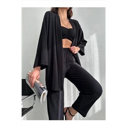 ZDABOUTİQUE Bürümcük Kumaş Siyah Cepli Pantolon Kimono Takım 6543577