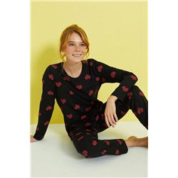 Siyah İnci siyah kırmızı kalp desenli Pamuklu Pijama Takımı 7613