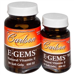 Carlson Labs, E-Gems, натуральный витамин E, 400 МЕ, 2 флакона, 90 желатиновых капсул + 44 желатиновые капсулы