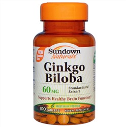 Sundown Naturals, Гинкго Билоба, стандартизированный экстракт, 60 мг, 100 таблеток