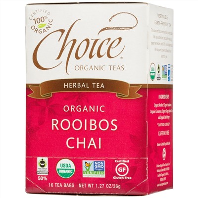 Choice Organic Teas, Травяной чай, органический, чай ройбуш, без кофеина, 16 чайных пакетиков, 1,27 унции (36 г)
